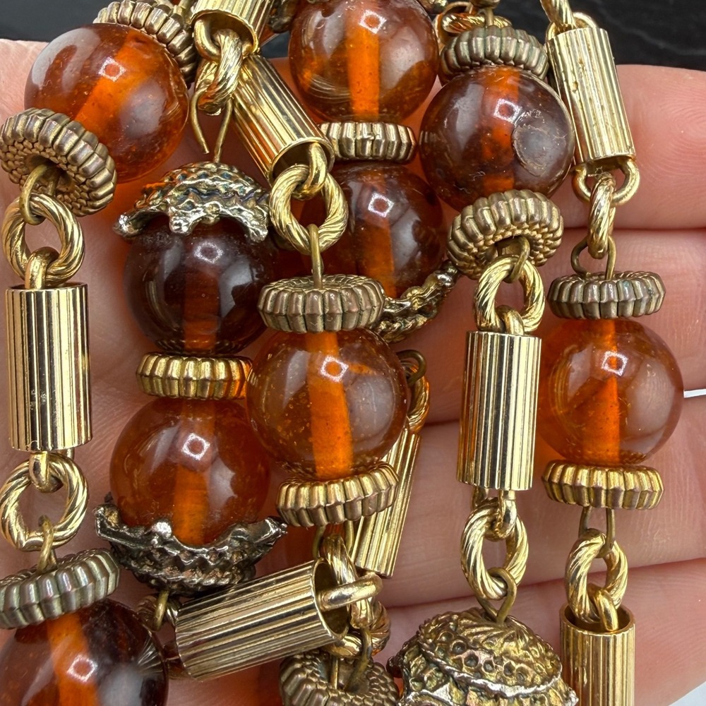 Vintage Estate Necklace Orange Beaded Glass Gold Tone Long 32"
